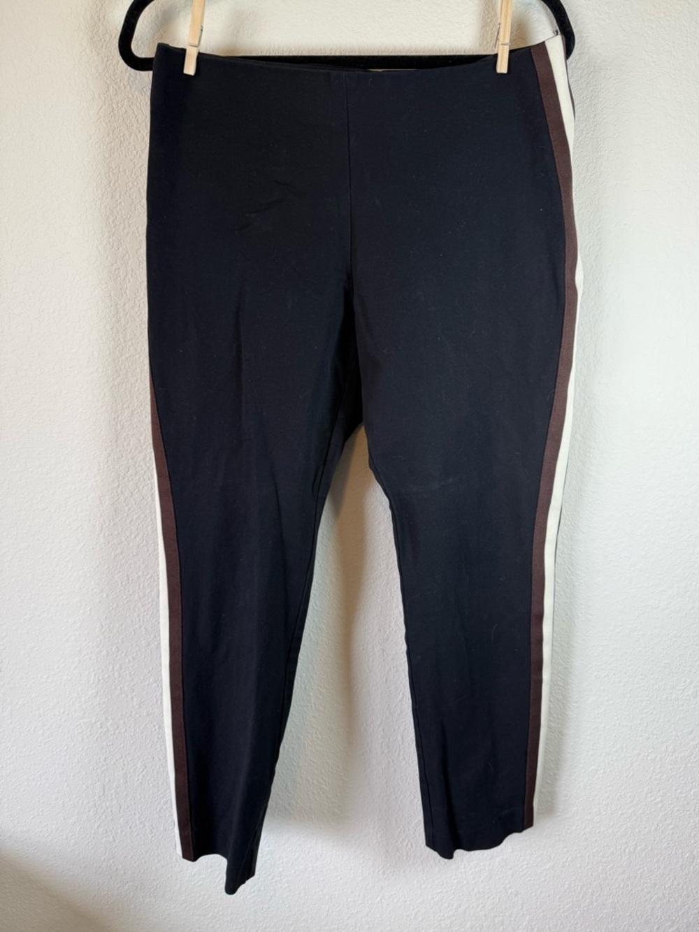 A New Day Black Side Stripe Pants Women’s 12 Brown Cream Pull On Stretch